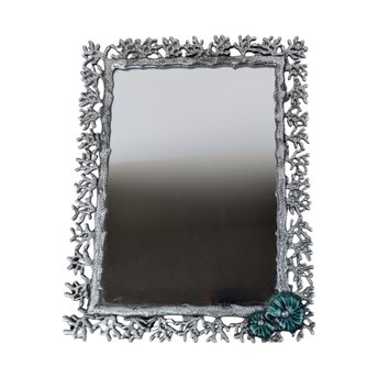 Vintage Pier One Metal & Enamel Mirror, Aqua Conch Shell Accent, Coastal Decor, Beach House Gift, Small Decorative Mirror