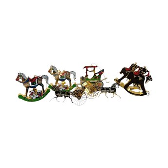 Vintage Brass Colored Metal Ornaments, Set of 7, Horse & Buggy, Rocking Horse, Christmas Tree Ornaments, Holiday Decor, Gift for Collectors