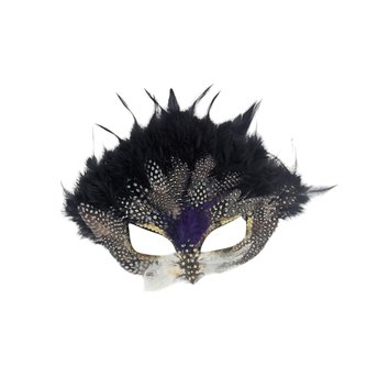 Vintage Applause Feather Half Mask, Black with Purple and Gold Trim, Costume Accessory, Masquerade Ball, Unique Decor