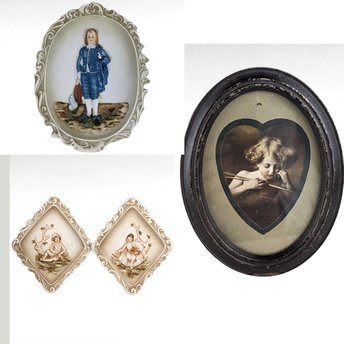 Vintage Wall Decor Lot, Lefton Blue Boy Plaque, Cupid Print, Bisque Plaques, 1970s Decor, Gift for Vintage Lover, Nursery Decor