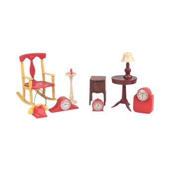 Vintage Dollhouse Accessory Lot, 9pc Renwal & Ideal, Rocking Chair Telephone Clocks, 1:16 Scale Miniature Furniture