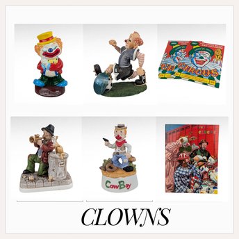 Vintage Clown Lot - Figurines, Bank, Music Box, Circus Books - Collectible Clown Memorabilia