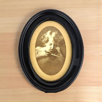 Vintage Cupid Asleep Framed Print by M.B. Parkinson - Romantic Wall Decor - Cherub Art - Oval Frame