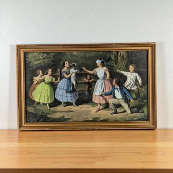 Vintage Framed Blind Man's Bluff Currier and Ives Print, 19th Century Art, American History, Game Room Decor, Gift for Collector