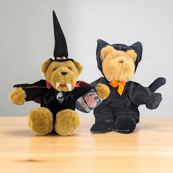 Vintage Halloween Bear Pair: Fiesta Vampire Bear & GAC Black Cat Teddy, Collectible Halloween Plush, Halloween Decor, Halloween Collector