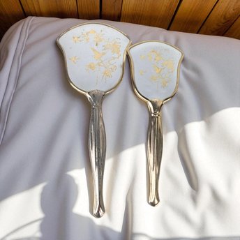 Vintage Gold and Blue Floral Mirror and Brush Set, Art Nouveau Style, Gift for Her, Boudoir Decor
