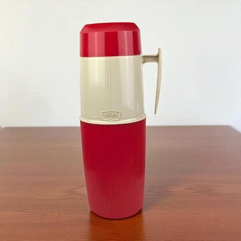 Vintage Red Thermos with Handle - Retro Kitchenware - Picnic Thermos - Insulated Beverage Container