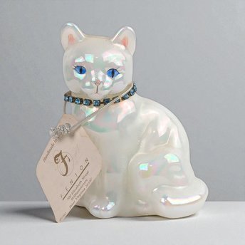 Vintage Signed Fenton December Opalecent Cat Figurine Blue Zircon Collar Collectible Glass Animal Lover Gift