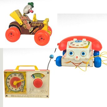 Vintage Fisher Price Toy Lot: Jalopy Pull Toy, Chatter Phone, Hickory Dickory Radio - Classic Toys, Retro Decor, Gift for Child, Collector