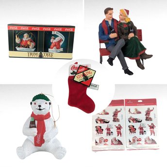 Vintage Coca Cola Christmas Lot: Hallmark Stickers, Stocking, Figurine, Ornaments - Holiday Collectibles