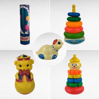 Vintage Toy Lot: Fisher Price Stacking Rings, Playskool Clown, Roly Poly Bear, Musical Turtle, Kaleidoscope - Classic Toys, Collector