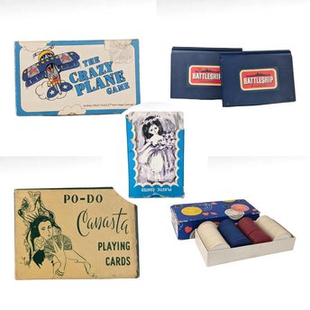 Vintage Game Lot: Battleship, Horse Shoes, Canasta Cards, Crazy Plane Game - Classic Games, Family Fun, Gift for Game Collector