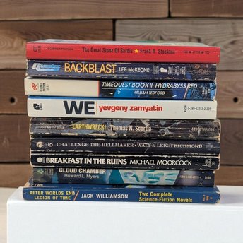 Vintage Sci-Fi Book Lot, Dystopian Classic We, Jack Williamson, Michael Moorcock, Instant Library, Bookshelf Decor Gift