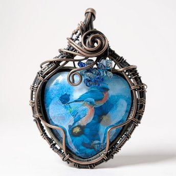 Handmade Copper Wire Wrapped Pendant with Blue Birds | Unique Artisan Jewelry | Nature-Inspired Necklace | Gift for Bird Lovers