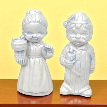 Pair of Vintage Ceramic Christmas Figurines, Man and Woman in Pajamas, Hand-Painted, Blue Tint, 7 Inches
