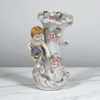 Vintage Ucagco Cherub Figural Bud Vase, Porcelain, Floral Decor, 6 Inches - Inspired by Camille Naudot, Dirty Interior, Small Vase
