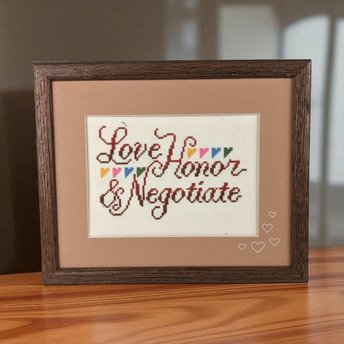 Vintage Framed Cross Stitch "Love, Honor, & Negotiate" | Funny Cross Stitch | Wedding Gift | Anniversary Gift | Home Decor