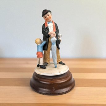 Vintage Albert Price Ceramic & Wood Music Box, Man and Child Figurine, Unknown Song, Collectible Music Box