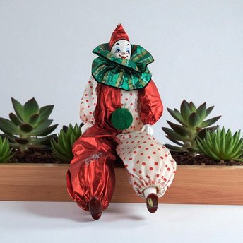 Vintage Smiling Clown Doll | Red & Green | 18" Tall | Collectible