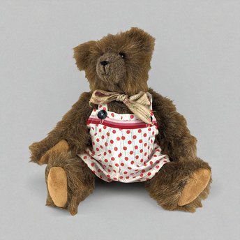 Vintage Brown Plush Teddy Bear, Polka Dot Outfit, Movable Limbs, 11" Tall, Collectible Teddy Bear, Children's Toy, Nursery Decor
