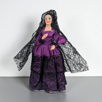 Vintage 1960s Spanish Flamenco Dancer Doll, Purple Dress, Black Lace, 11 Inches, Collectible Doll, Gift for Doll Collectors, Vintage Decor