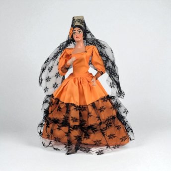 Vintage 1960s Spanish Flamenco Dancer Doll, Orange Dress, Black Lace, 11 Inches, Collectible Doll, Gift for Doll Collectors, Vintage Decor