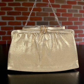 Vintage Gold Handbag, Evening Bag, Clutch Purse, Rhinestone Clasp, Retro Style, Mid-Century Fashion