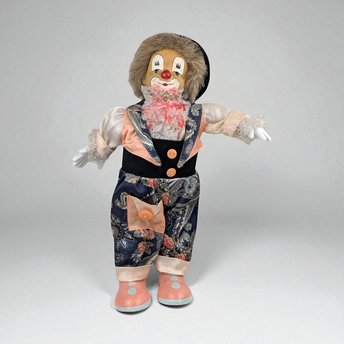 Vintage Porcelain Clown, Paisley Outfit, 12.5" Height, Operates, Collectible Clown Decor, Gift for Clown Enthusiasts