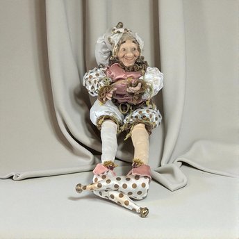 Vintage Pink Gold White Jester Doll, Large Sitting Harlequin Figure, Unique Decor Clown