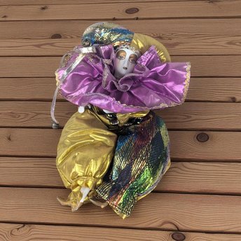 Vintage Gold Purple Jester Doll, Small Harlequin Figurine, Elegant Clown Decor