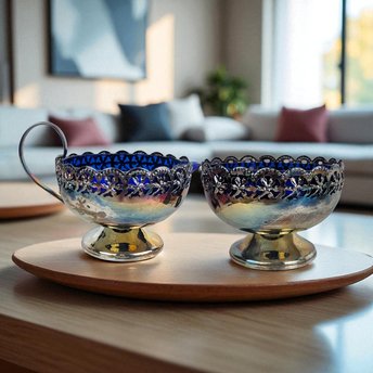 Vintage English Silverplated Blue Glass Creamer Sugar Bowl Set Celtic Design Tableware Gift for Hostess
