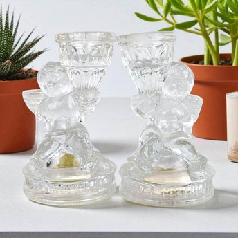 Vintage K's Collection Cherub Candle Holders, Clear Glass Angel Candlestick Pair, 4" Taper Candle Holders, Home Decor