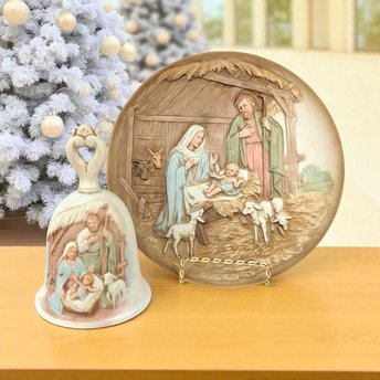 Vintage Homco Nativity Set, Ceramic Christmas Plate and Bell, Religious Holiday Decor, Gift for Christian
