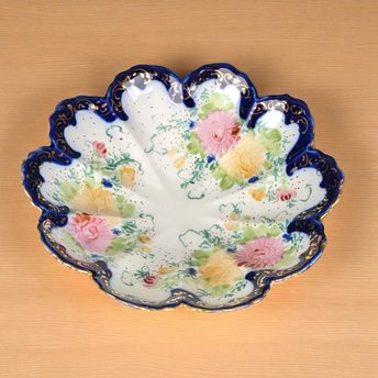 Vintage Hand-Painted Porcelain Bowl, Scalloped Floral Bowl, Cobalt Blue and Gold Trim, Decorative Bowl, Candy Dish
