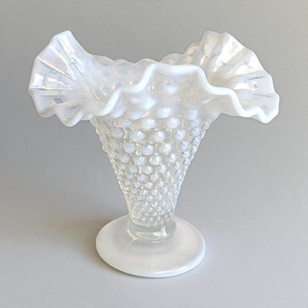 Vintage Fenton Moonstone Hobnail Vase: Opalescent Milk Glass Ruffled Vase