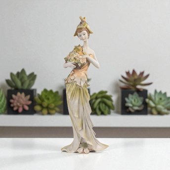 Vintage Resin Woman Figurine, Elegant Dresser Decor, Lady with Flowers, Art Deco Style, Decorative Sculpture