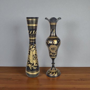 Vintage Brass Vases from India, Black and Gold, Floral Etched, 11 3/4" Tall, Pair, Home Decor, Boho Chic