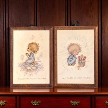 1971 Betsey Clark "Blessings" & "Flowers" Wooden Plaques, Vintage Children's Art, Inspirational Wall Decor, Gift Set