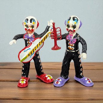 Vintage Mexican Paper Mache Clown Figurines, Musician Clowns, Folk Art, Day of the Dead Decor, Pair of Clowns