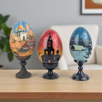 Vintage Hand-Painted Wooden Easter Eggs, Russian Folk Art Decor, Farmhouse, Church Scene, Gift for Collector