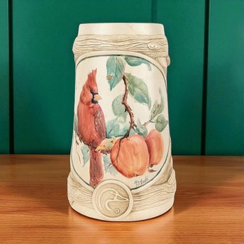 Vintage Ducks Unlimited Ceramic Stein, Cardinal and Peaches Design, Collectible Stein, Bird Lover Gift, Christmas Decor, Man Cave Decor