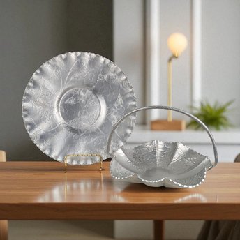 Vintage Aluminum Serving Tray & Plate Set, Hand Wrought Floral Design, Collectible Aluminumware, Gift for Vintage Lovers