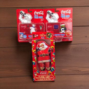 Vintage Coca Cola Lot, Wind-Up Polar Bears, Santa Tin Playing Cards, Collectible Coca Cola, New in Package