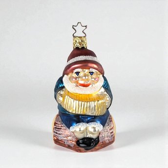 Vintage Merck Family Gnome Christmas Ornament - Glass Gnome on a Log - German Blown Glass