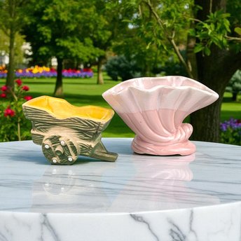 Vintage Ceramic Planters, Shawnee Wheelbarrow Planter, Pink Shell Planter, Mid Century Modern, Succulent Planters, Indoor Garden