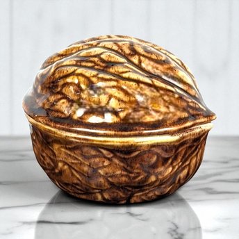 Hand Painted Walnut Trinket Box, Ceramic Walnut Bowl, Signed Bunny, Decorative Box, Unique Gift, Vintage Decor