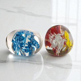Vintage Art Glass Paperweight Pair: Blue Swirl & Multicolored Desk Decor