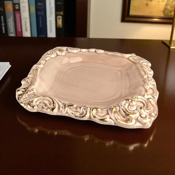 Vintage Pink Floraline Ceramic Ashtray - Florence Ceramics - Ornate Gold Trim - Mid-Century Modern Decor