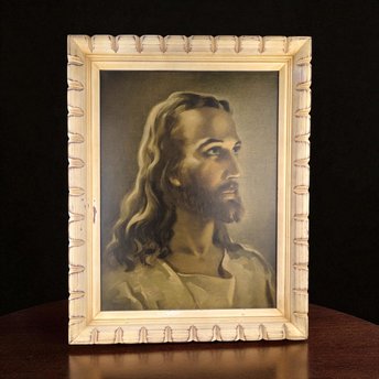 Vintage Sallman's Head of Christ Lithograph, Framed Religious Art, 19x15", Distressed Wood Frame, Gift for Christian, Home Decor