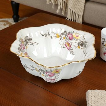 Vintage German Porcelain Serving Bowl: Floral Design, Gold Rim